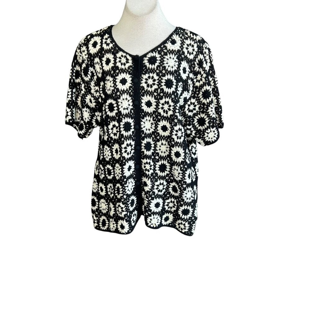Fitting Image Cardigan Sweater Black White Granny Square Crochet Size 18/20